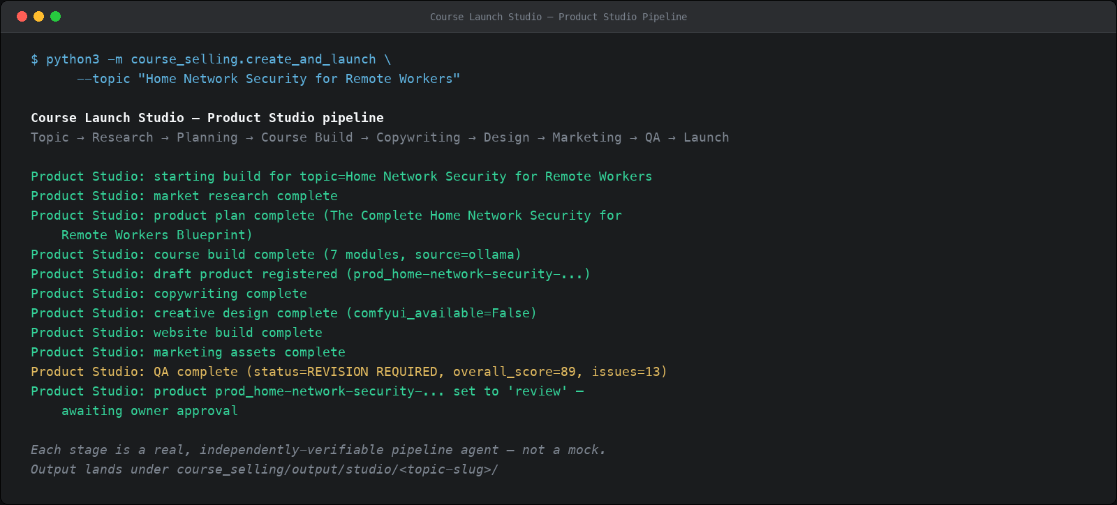 Terminal output showing the Course Launch Studio product pipeline running through each stage
