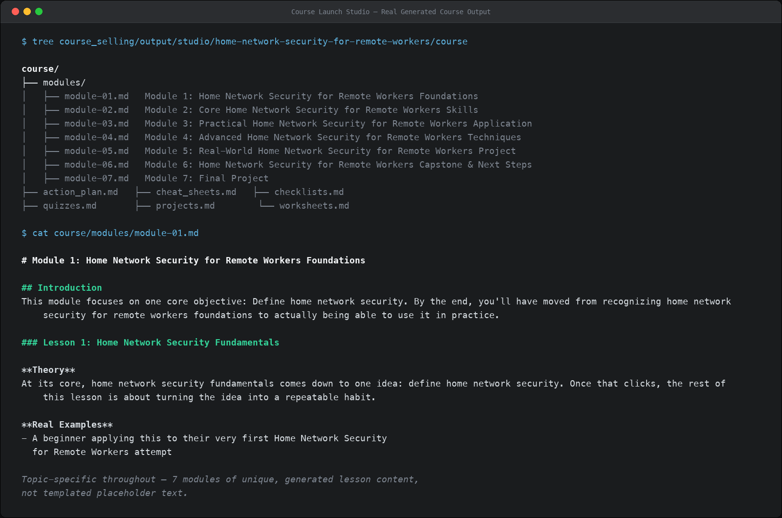Real generated course module content, topic-specific and not template placeholder text