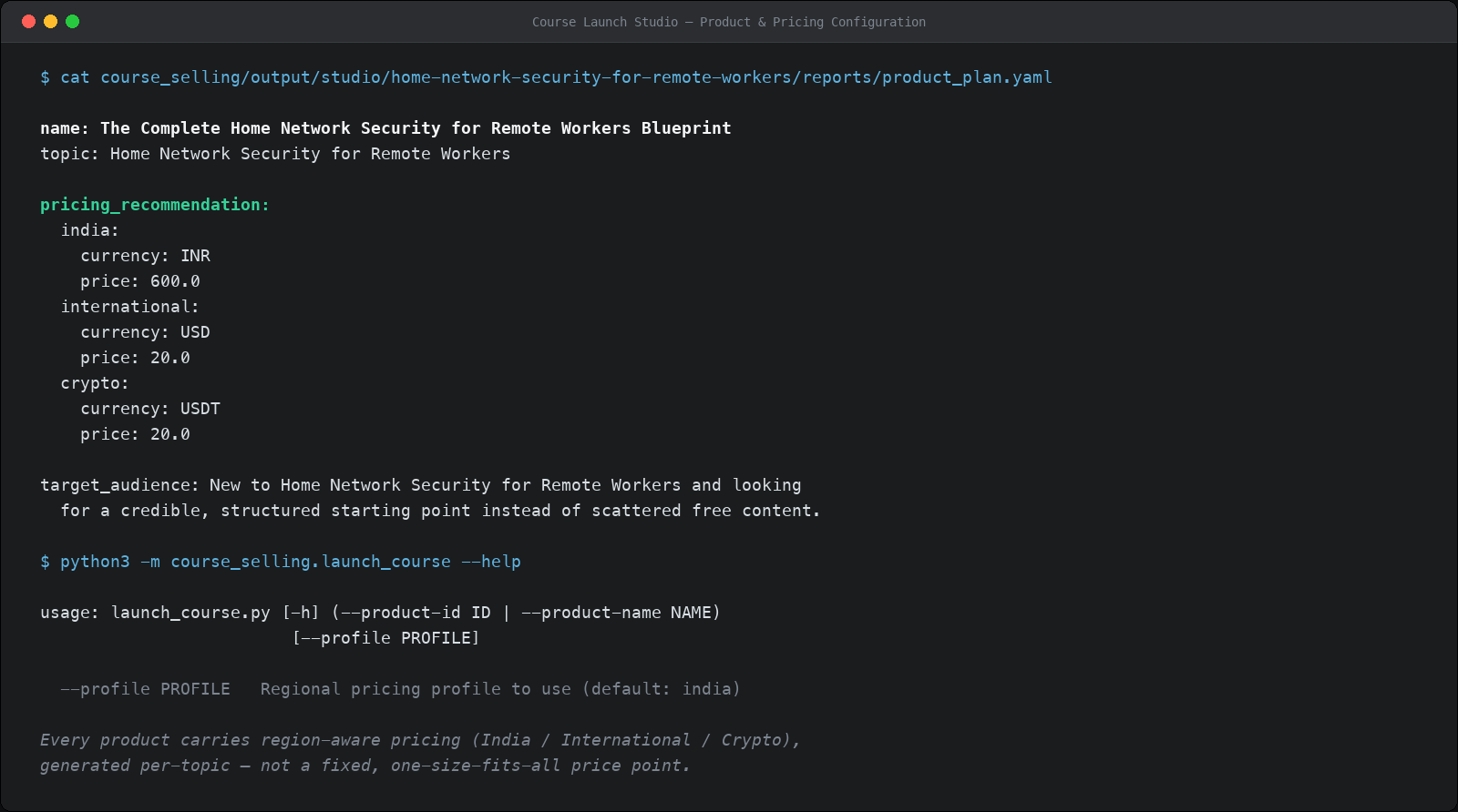 Real product and regional pricing configuration for a generated course