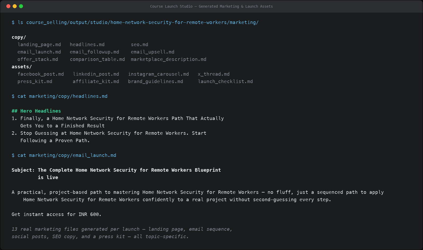 Real generated marketing copy including headlines and launch email